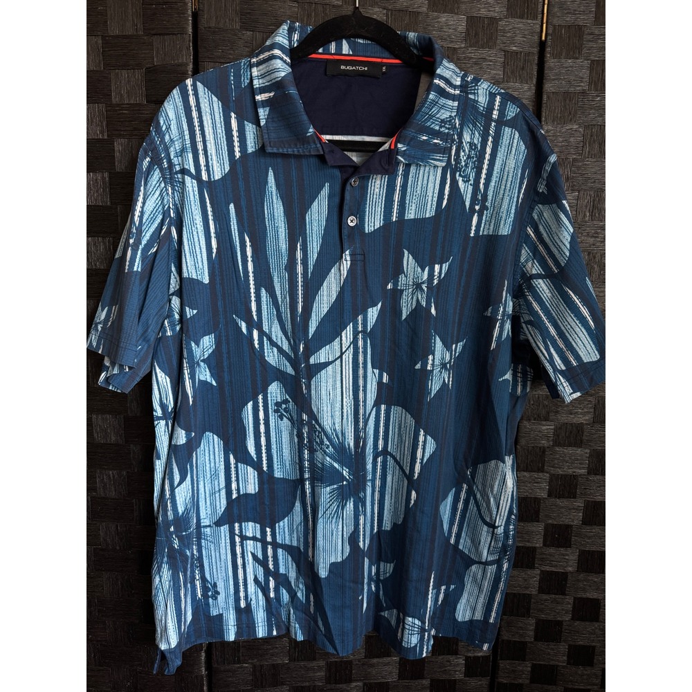 Bugatchi Polo Shirt Mens XXL Blue Tropical Hibiscus Mercerized Cotton S/S